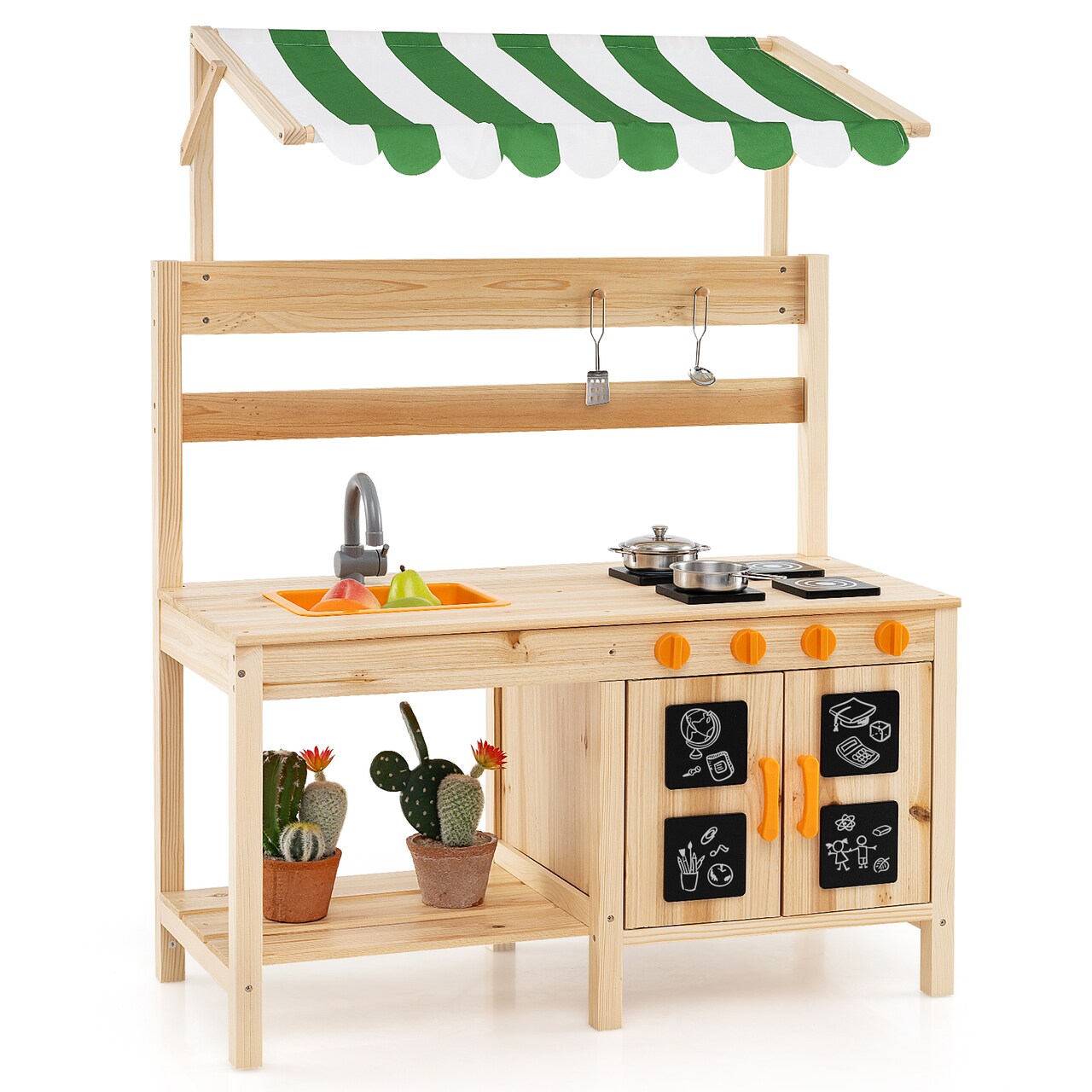 Natural Fir Wood Mud Kitchen with Canopy, Sink, and 4 Stoves – Outdoor Play Kitchen
